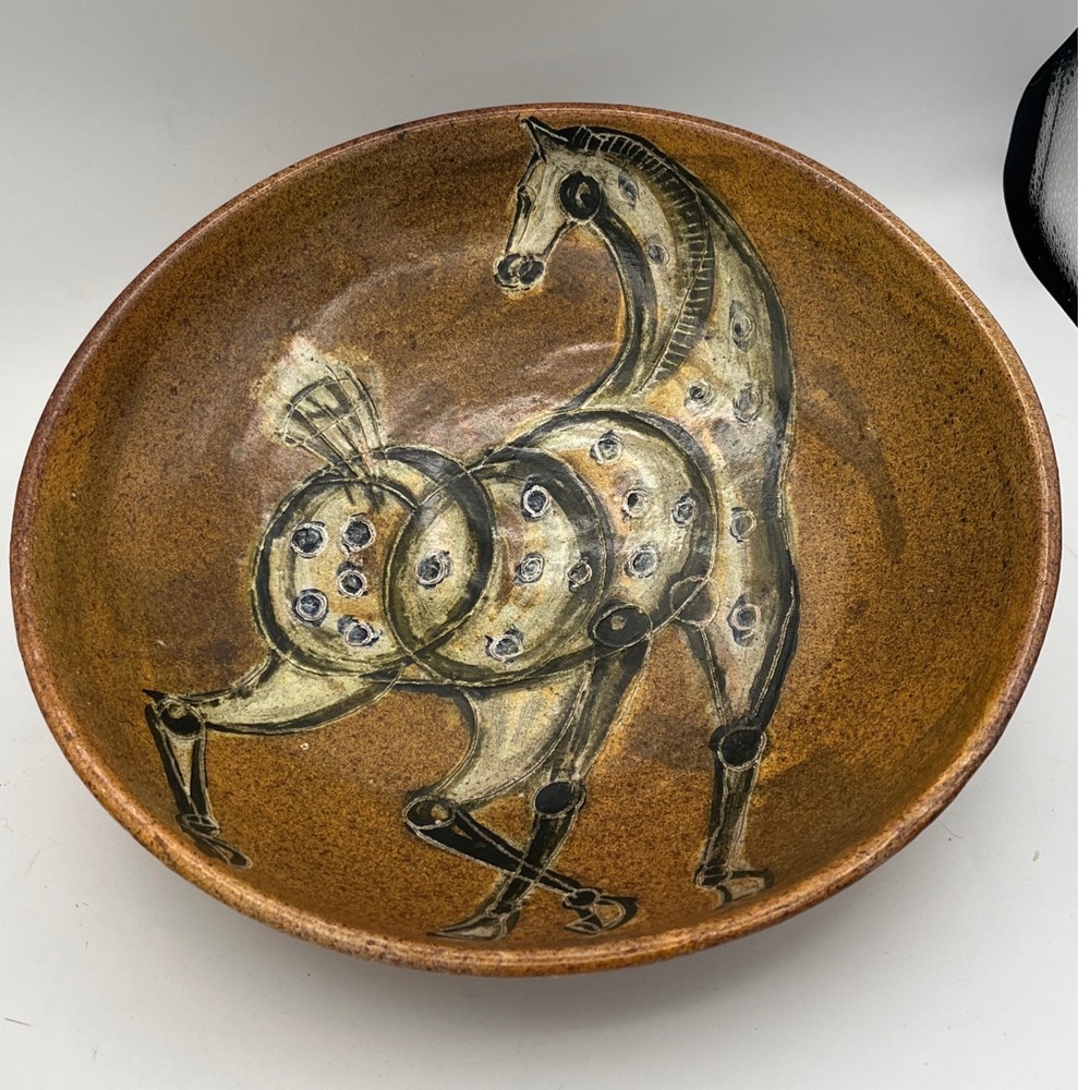 Vintage Alfaraz Spain MCM Lg Art Pottery Bowl Sgraffito Horse Original Labe!